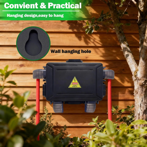 Compact Outdoor Electrical Box With Clear Waterproof Shield And Weatherproof Cord Cover for Four Cable Entries Fits 12 14 16 Gauge Cables Up To 15mm Black One Piece Perfect For Patio Garage Yard And Outdoor DIY Projects mounted on wooden wall outdoors.