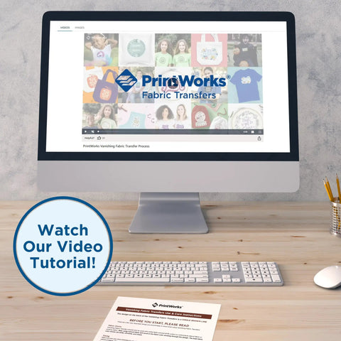 Computer screen showing PrintWorks fabric transfers tutorial for Water Soluble Embroidery Paper 8.5 By 11 Printable Transfer Sheets.
