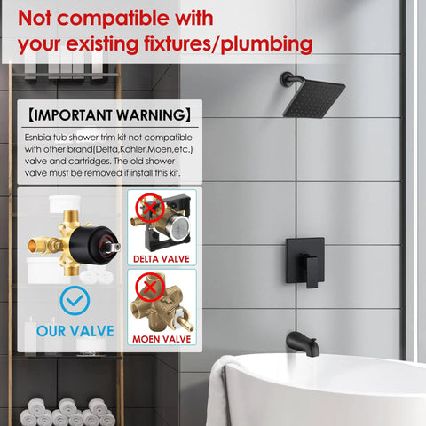 Single-Handle Tub And Shower Faucet Set With Valve, 6-Inch Rain Shower Head And Tub Spout, Matte Black Finish bathroom warning