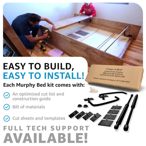 Top Shelf Queen Size Vertical Murphy Bed Kit showcasing gritty American made steel build with assembly instructions and hardware.