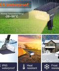 40 LED Solar Landscape Spotlights IP65 Waterproof Outdoor Yard Light 2 Pack Auto On Off Warm White for Trees Garden Pathway and Landscape Easy Install Included. Image shows spotlights in various weather conditions illustrating IP65 waterproof feature, including snow, rain, and sunny days, mounted in a yard.