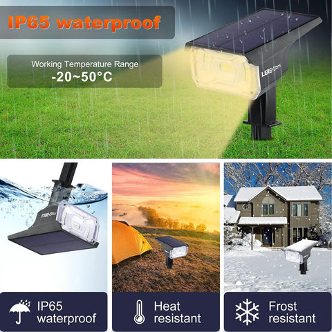40 LED Solar Landscape Spotlights IP65 Waterproof Outdoor Yard Light 2 Pack Auto On Off Warm White for Trees Garden Pathway and Landscape Easy Install Included. Image shows spotlights in various weather conditions illustrating IP65 waterproof feature, including snow, rain, and sunny days, mounted in a yard.