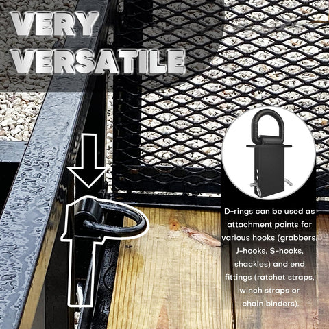 Heavy Duty D Ring Stake Pockets Four Pack 18,000 Lb Break Strength Removable Tie Downs For Utility Trailers And Flatbeds With Hitch Pin Black Finish Built For Big Loads And Quick Securement On The Go installed on trailer frame.