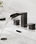 Oil Rubbed Bronze 3-Hole 8-Inch Widespread Bathroom Faucet With Two Handles, Metal Pop Up Drain Assembly, water flowing
