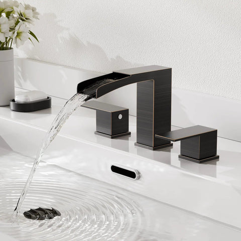 Oil Rubbed Bronze 3-Hole 8-Inch Widespread Bathroom Faucet With Two Handles, Metal Pop Up Drain Assembly, water flowing