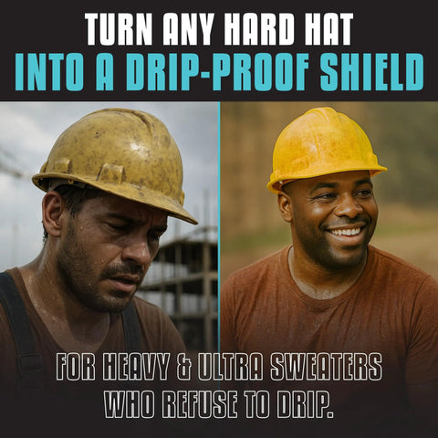 Two construction workers wearing hard hats; left with sweat, right dry and smiling. Extreme Sweat Absorbing Hard Hat Liner Sweatband With Quick Dry Cooling And Washable Inner Band For Helmets And Hard Hats Construction Sites For All Day Comfort On Demanding Jobs.