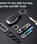 Rock Solid Titanium D Ring Keyholder With Hella Secure Crossbar Mount For Thick Car Ignition Fobs Pocket Knives And Daily EDC Essentials featuring assorted multi-tools and a car key.