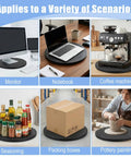 3 Pack 12 Inch Heavy Duty Rotating Swivel Stands That Roll Smooth as Butter With 360 Degree Lazy Susan Spin for Kicking Your Kitchen Cabinet Chaos to the Curb While Keeping Your Space Spick and Span, showcasing uses for a monitor, notebook, coffee machine, seasoning, packing boxes, and pottery.