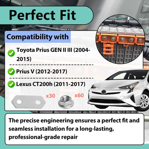 30 Sets Hybrid Battery Repair Kit With Nickel Plated Copper Bus Bars And Stainless Steel Nuts No Sweat Swap For Toyota Prius Gen 2 3 V And Lexus Ct200h Road Ready Upgrade compatibility infographic showing parts.