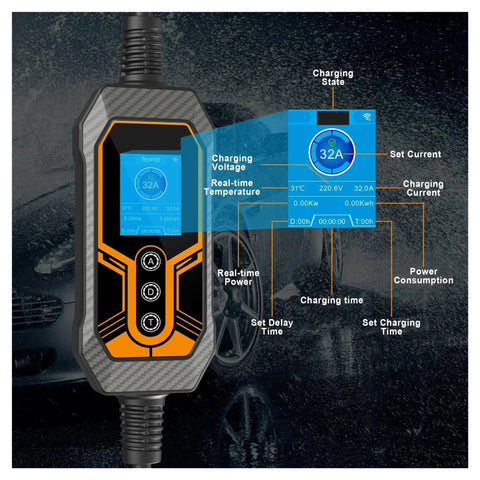 Road Ready Portable EV Charger With Type 1 J1772 Adapter Plug And Play Design Thirty Two Amps Seven Kilowatts display showing charging details.