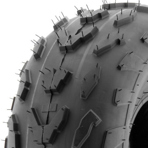 Close-up of All Terrain ATV Tires 18x7-7 set of 2 tubeless 4 ply with directional V knobby tread A007 for off road adventures