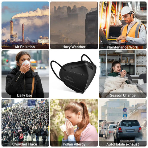 Nine scenes including air pollution, hazy weather, maintenance work, daily use, with Five Layer KN95 Face Masks Black Cup Style Disposable Respirator For Adults.
