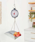 Dial Style 70-Pound Heavy-Duty Industrial Hanging Scale with high-visibility dial and red pointer, weighing apples in a kitchen.