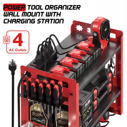 Power Tool Organizer Wall Mount With Charging Station And Storage Rack, 3 Tier Heavy Duty Metal Tool Rack With 4 Drill Holders