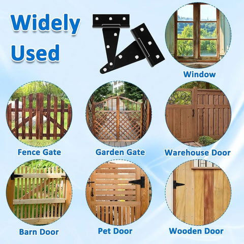 Top Shelf 6 Pack Of 4 Inch T Strap Hinges Straight Up Built Tough Gate Hardware With Included Screws Rust proof hinges shown on various door types.