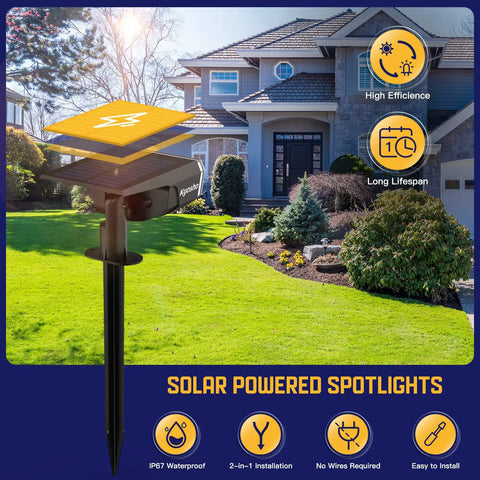Solar Color Spotlight 2 Pack With 9 Lighting Modes And 38 LEDs RGBW Multicolor Waterproof Outdoor Lights in a garden setup