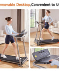 Woman using 2 In 1 Folding Treadmill With Height Adjustable Desk For Home Office Use, Standalone Workout Machine Reaches Up To 8 MPH, Black