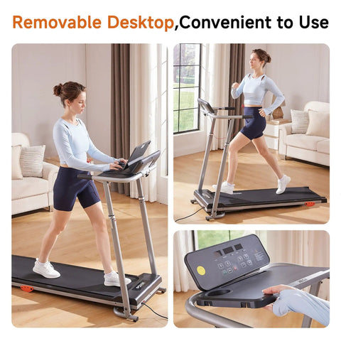 Woman using 2 In 1 Folding Treadmill With Height Adjustable Desk For Home Office Use, Standalone Workout Machine Reaches Up To 8 MPH, Black