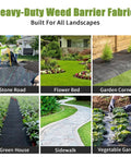 Collage of heavy-duty weed barrier fabric installations in various landscapes, highlighting its versatile use in gardens and walkways.