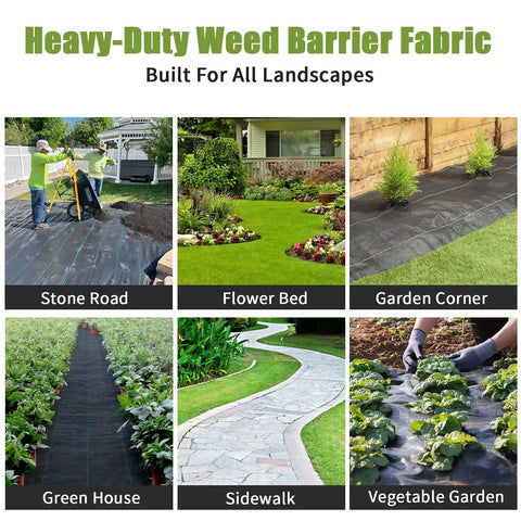 Collage of heavy-duty weed barrier fabric installations in various landscapes, highlighting its versatile use in gardens and walkways.
