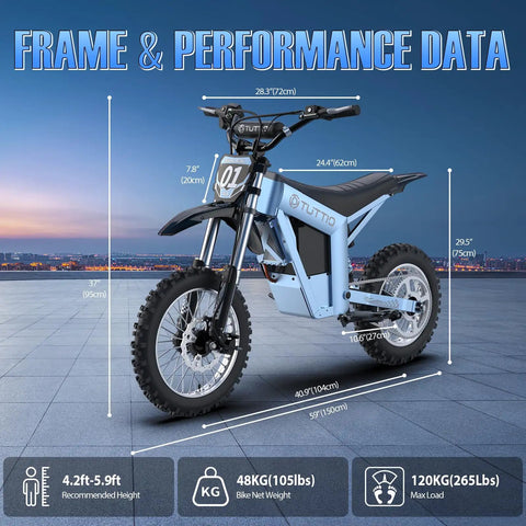 Kick Up Serious Dust With This Sick Dual Electric Dirt Bike Set Packing 48V 21Ah Battery And A Mean 3000W Peak Motor Built For Crushing Gravel Trails Every Single Weekend, performance data and dimensions displayed.