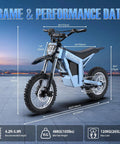 High Output 2000W Electric Dirt Bike With 14X12 Off Road Wheels And Heavy Duty 21Ah Battery Pushing Forty Three Mile Range on display with measurements.