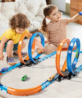 Kids playing with Epic Car Race Track Set for Kids Ages 3 To 12 With 45 Track Pieces And 4 Small Cars Dual Loop Tracks