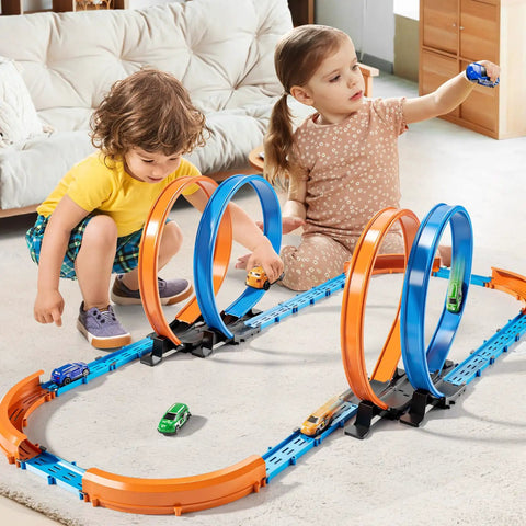 Kids playing with Epic Car Race Track Set for Kids Ages 3 To 12 With 45 Track Pieces And 4 Small Cars Dual Loop Tracks