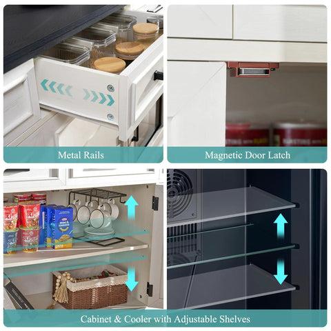 Farmhouse 60 Inch Coffee Bar Cabinet With Built In Bev Fridge And Drawer Storage, interior features and shelving details, white cabinet