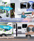Comparison of RV magnetic door catches in wind; ours resists, others fail. Heavy Duty RV Magnetic Door Catch 2 Pack Strong Camper Door Holder For Trailers And Motorhomes Black No Drill Install Built To Withstand All Weather Performance