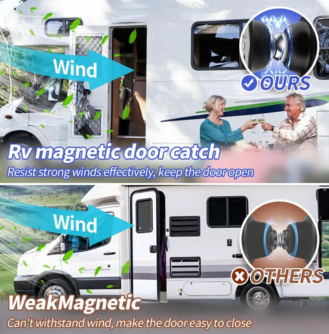 Comparison of RV magnetic door catches in wind; ours resists, others fail. Heavy Duty RV Magnetic Door Catch 2 Pack Strong Camper Door Holder For Trailers And Motorhomes Black No Drill Install Built To Withstand All Weather Performance