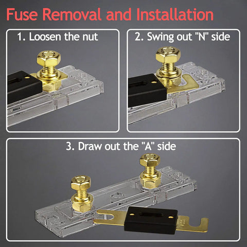 Illustration of Three Pack 300 Amp ANL Fuse Holder Block For Car Audio With 0 2 4 8 Gauge Wiring Includes 300A ANL Fuses And Box Swing Out Design