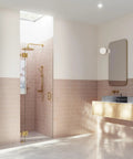 Frameless Shower Door Hinge With Enduroshield Glass Coating In Polished Brass For A 78 Inch Wide Shower Enclosure, 34.75 Inch High Glass Door Hardware, Built To Last With A Smooth Boss-Level Operation. Gold hinge on glass shower door in modern bathroom