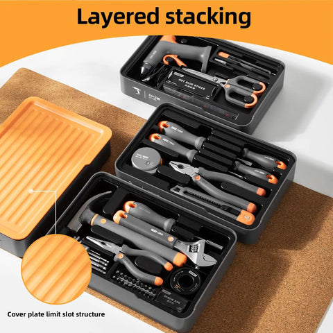 Compact DIY Tool Set For Home Improvement With Stackable Handy Tool Kit Including Adjustable Wrench, Screwdrivers, Hammer, Pliers