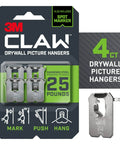 Heavy Duty 25 LB Drywall Picture Hangers With Spot Markers No Studs Required Hardened Steel Hooks To Nail It On Any Wall For Sweet Mirror Hanging Or Boss Level Art Projects 4 Pack in packaging with hooks displayed.
