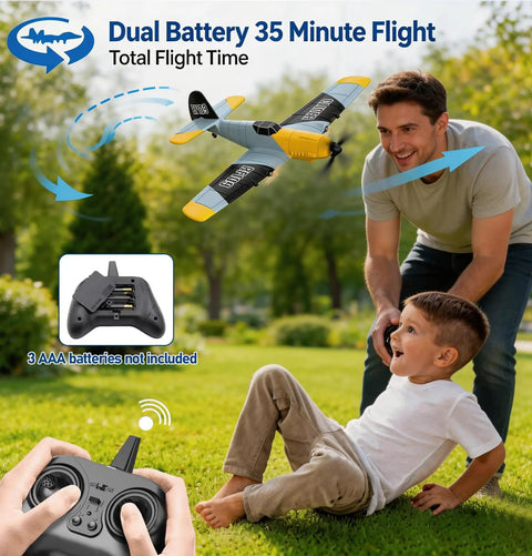 Father and son flying 3 Channel RC Plane With 6 Axis Gyro Stabilizer Dual Motors Ready To Fly BF109 Style RC Airplane in park