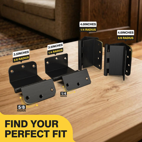 Heavy Duty Matte Black Offset Door Hinges With Ball Bearing, three and a half inch radius corner, on a wooden surface