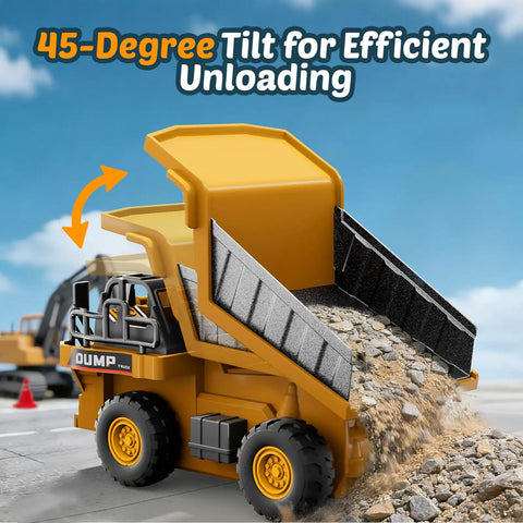 Three Piece Remote Control Construction Set With 1:64 Excavator, Dump Truck, And Forklift, Lights And Sounds, Dump Truck Tilting