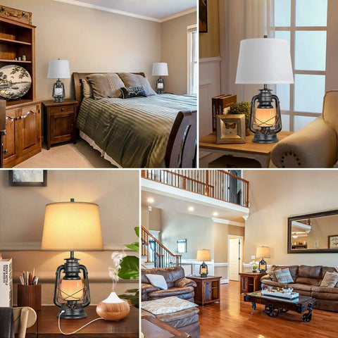 Set Of 2 Farmhouse Table Lamps With USB Port Three Way Dimmable Touch Nightstand Lights Bedside Lamps For Bedroom Cozy Living Room And Reading Nook Includes LED Bulbs White Finish With Miner Lantern Night Light in home settings.