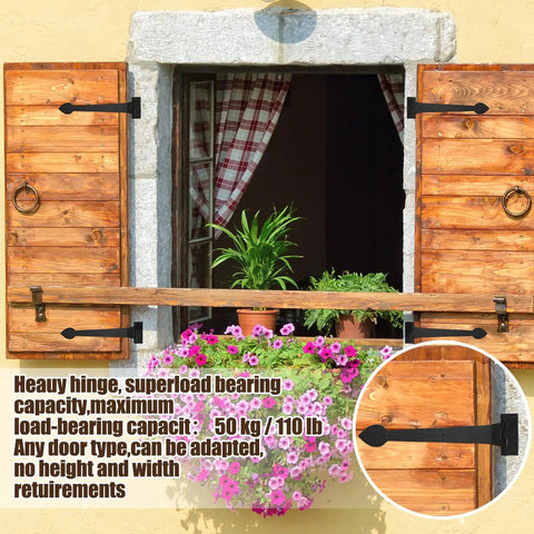 Solid As A Rock 15 Inch Heavy Duty T Strap Hinges 4 Pack With Mounting Fasteners Black Powder Coated Rust Resistant Wrought Iron Barn Door Hardware mounted on wooden shutters.