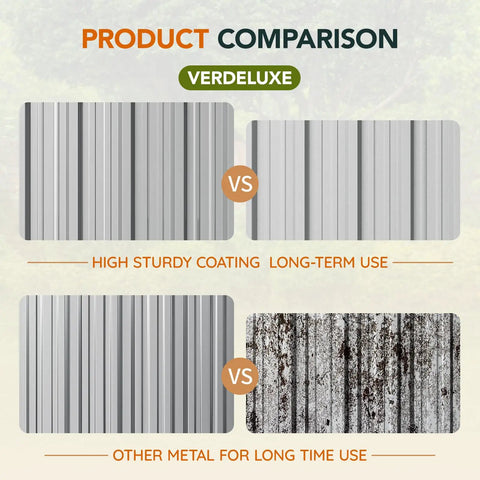Product comparison of Big Beefy 10x12x7.4Ft Outdoor Storage Shed with galvanized steel showing high sturdy coating vs other metal durability