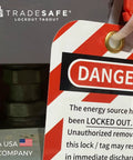 Heavy Duty Lockout Tagout Tags With Nylon Zip Ties Osha Compliant Danger Do Not Operate Signs on equipment with warning message.