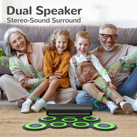 Family enjoying Portable Electronic Drum Set For Practice And Performance with kids, featuring 7 stylish green drum pads.