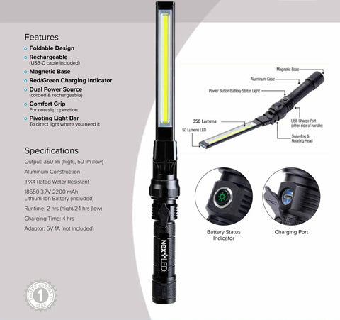Foldable Rechargeable LED Work Light With COB LED Slim Design And Magnetic Base for Mechanics, car repair, and outdoor camping.