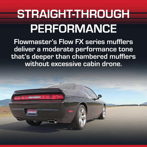 Flow FX Chambered Muffler For Modern Trucks And Muscle Cars 3 Inch Center In 3 Inch Center Out rear view on a road