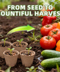 Biodegradable Seed Starter Pots Kit With 70 Plant Labels And 70 Pcs 3.15 Inch Peat Pots With Drainage Holes For Seedlings, Herbs, Vegetables And Flowers, No Transplant Shock Garden Starter Set shown in a garden with tomatoes and cucumbers.