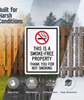 Straight Up Smoke Free Property Sign Featuring Bold No Smoking Symbol, 14 X 10 Inch Heavy Duty Rustproof Aluminum Metal Wall Yard Sign in rain and snow.