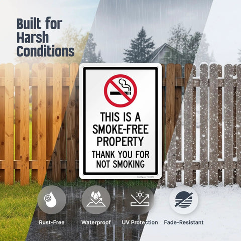 Straight Up Smoke Free Property Sign Featuring Bold No Smoking Symbol, 14 X 10 Inch Heavy Duty Rustproof Aluminum Metal Wall Yard Sign in rain and snow.