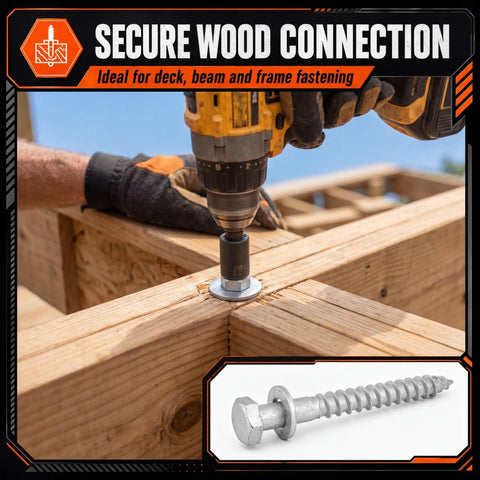 Securing wood with Bulk 50 Pack Half Inch By Six Inch Lag Screws With Washers Hot Dip Galvanized Heavy Duty Exterior Wood Screws