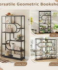 Modern 5 Tier Bookcase With Sturdy Open Metal Frame In Brown Black Oval Finish showcasing geometric design in room setups
